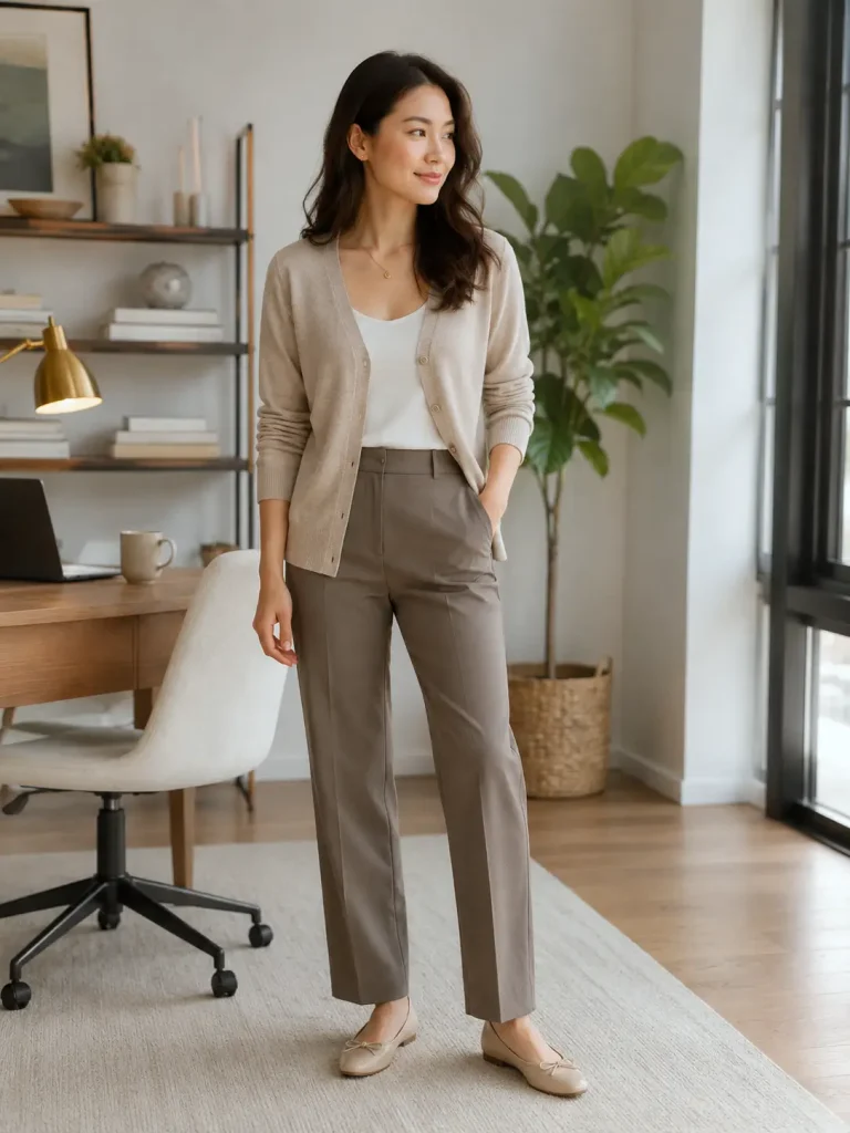 Work Outfit Ideas for Women, this outfit feels comfortable but still neat. The straight-leg pants stop the cardigan from looking too casual.