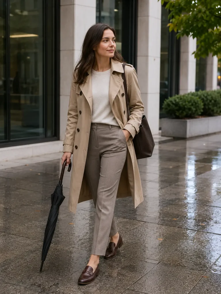 Work Outfit Ideas for Women, a trench coat makes a simple outfit look finished. It also works well over trousers, dresses, and jeans.