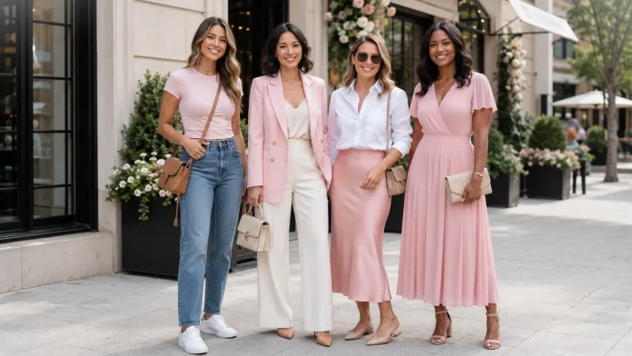 four USA women wearing practical baby pink outfits.