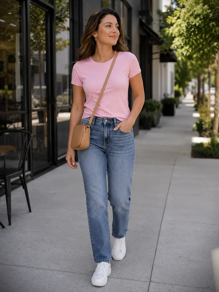 Woman wearing a baby pink T-shirt with straight-leg jeans, white sneakers, and a tan crossbody bag for Baby Pink Outfit Women