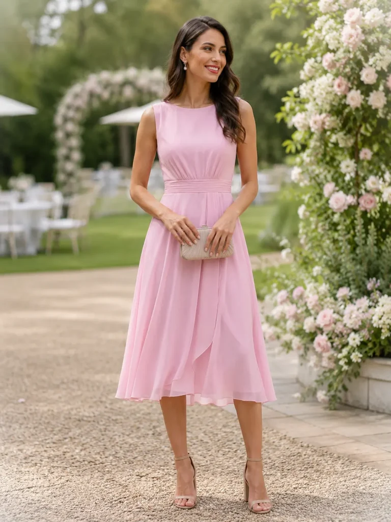 Woman wearing a baby pink chiffon midi dress with nude block heels at a spring garden wedding.