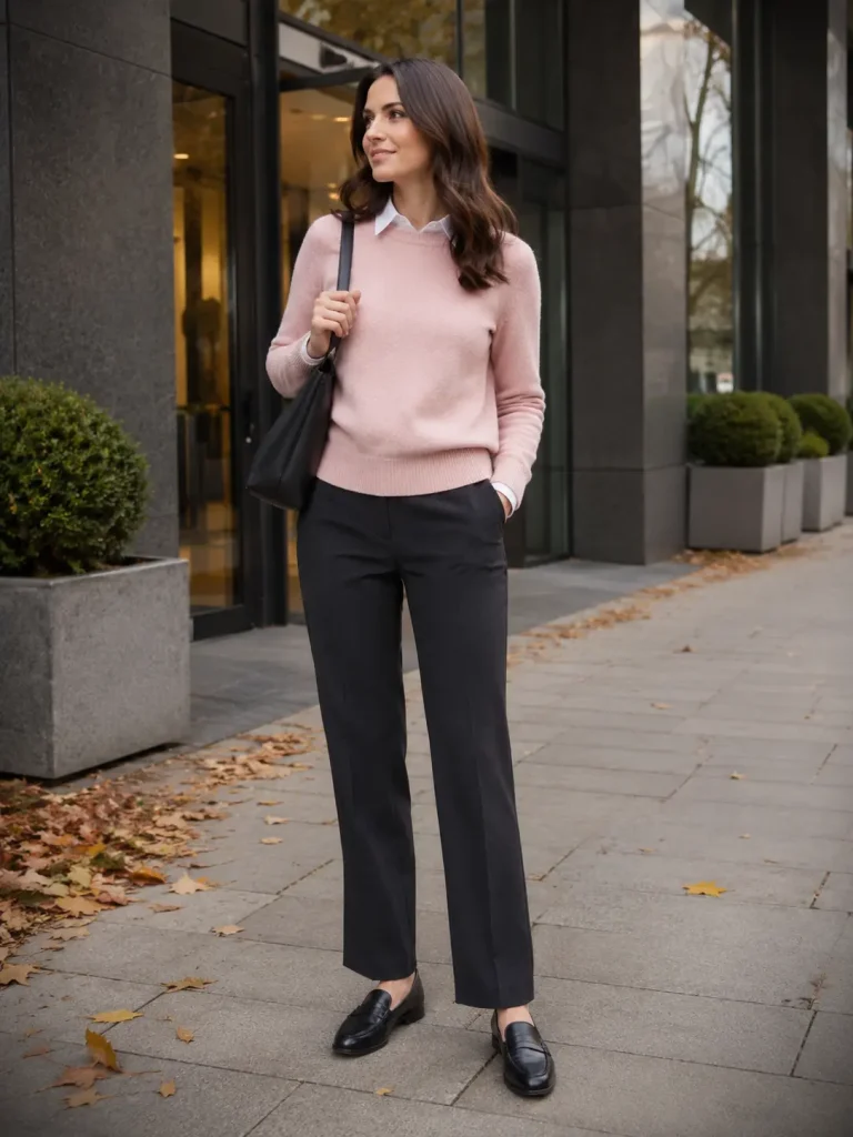 Woman wearing a baby pink sweater over a white shirt with charcoal trousers and black loafers.