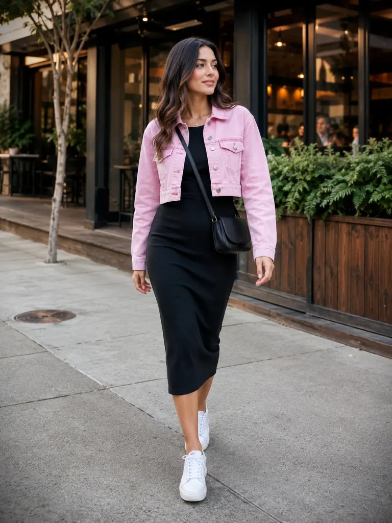 Woman wearing a baby pink denim jacket over a black midi dress with white sneakers and a crossbody bag.
