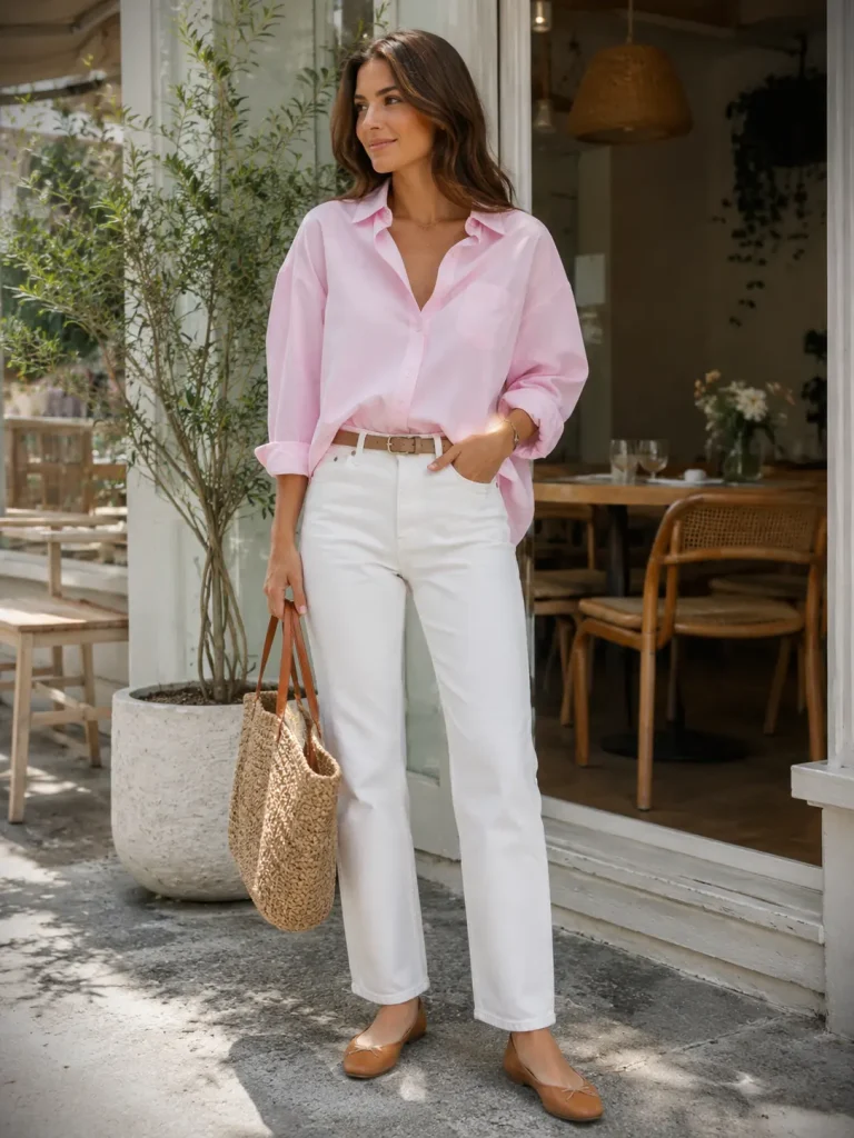 Woman styling an oversized baby pink button-down shirt with white jeans, tan flats, and a woven tote.