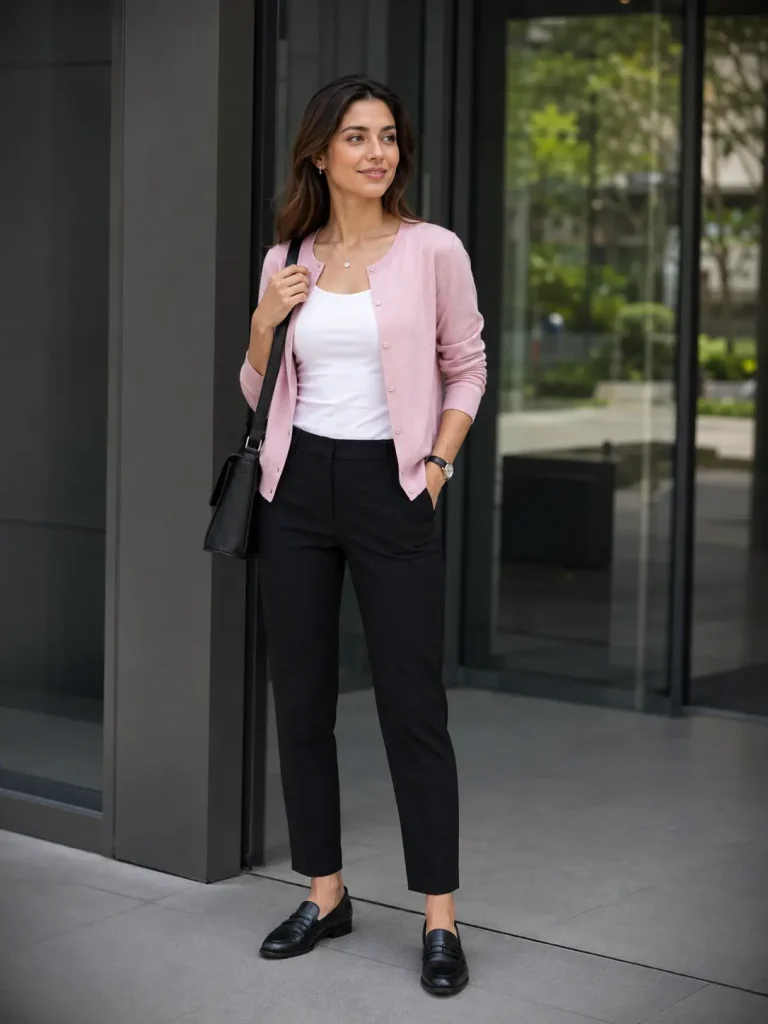 Woman wearing a baby pink cardigan, white tank, black ankle trousers, loafers, and a structured bag.