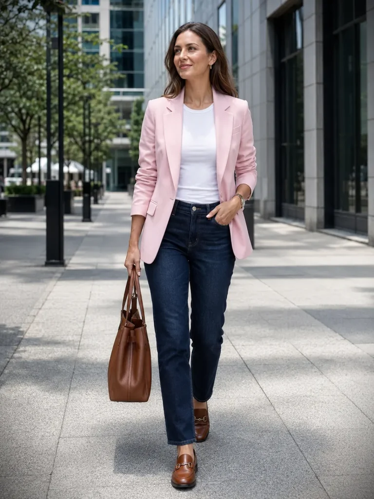 Woman wearing a baby pink blazer with a white T-shirt, dark jeans, loafers, and a structured tote.