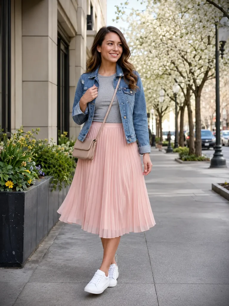 Woman wearing a baby pink pleated skirt with a gray T-shirt, denim jacket, and white sneakers.
