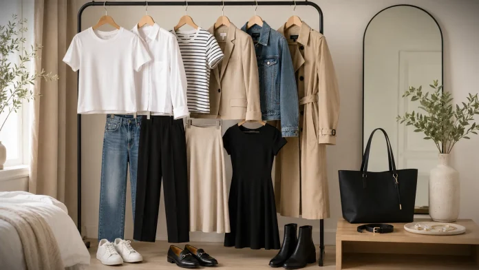 Capsule wardrobe basics for women arranged on a clothing rack with jeans, blazer, white shirt, sneakers, loafers, boots, tote, and simple accessories.
