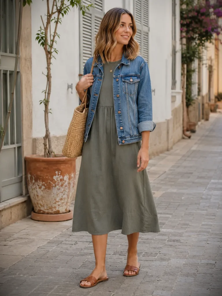  Woman wearing a denim jacket over a midi dress with flat sandals and a woven tote for a casual capsule outfit.