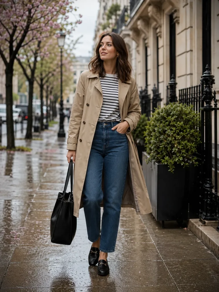  Woman wearing a beige trench coat with a striped tee, jeans, loafers, and tote for a spring capsule wardrobe outfit.