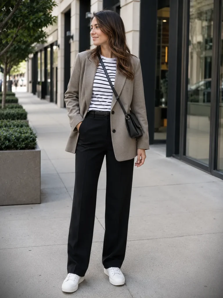 Woman wearing white sneakers with black trousers, a striped tee, blazer, and crossbody bag for a casual office capsule outfit