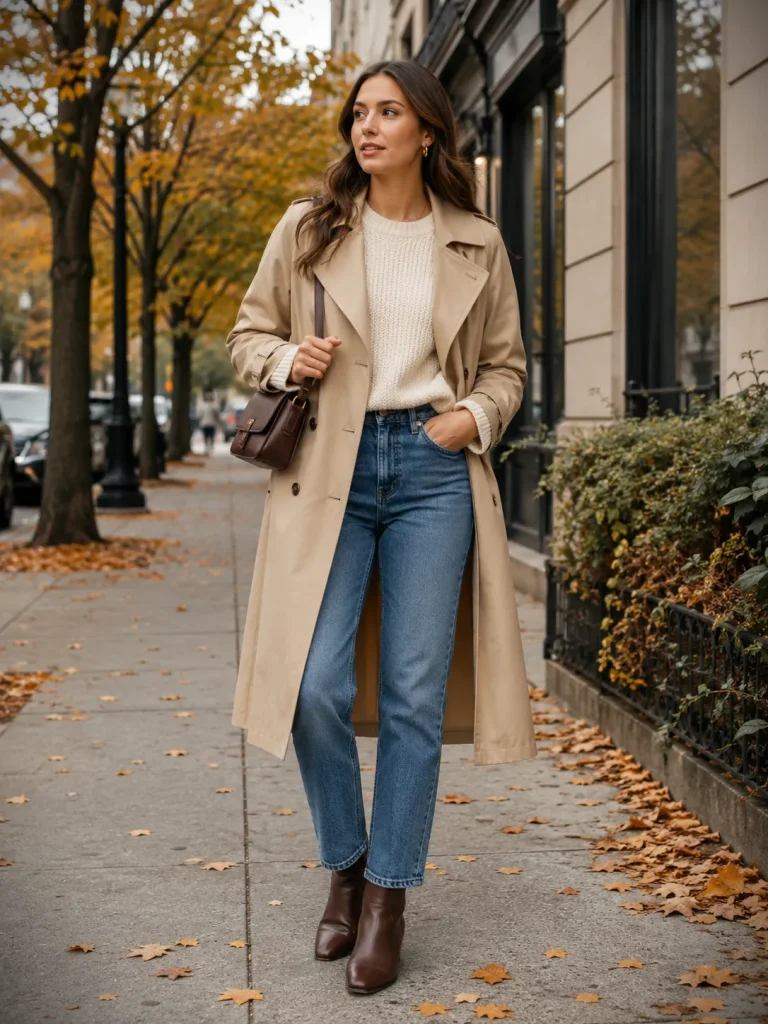 Woman wearing ankle boots with straight-leg jeans, a cream knit sweater, and trench coat for a fall capsule wardrobe outfit.