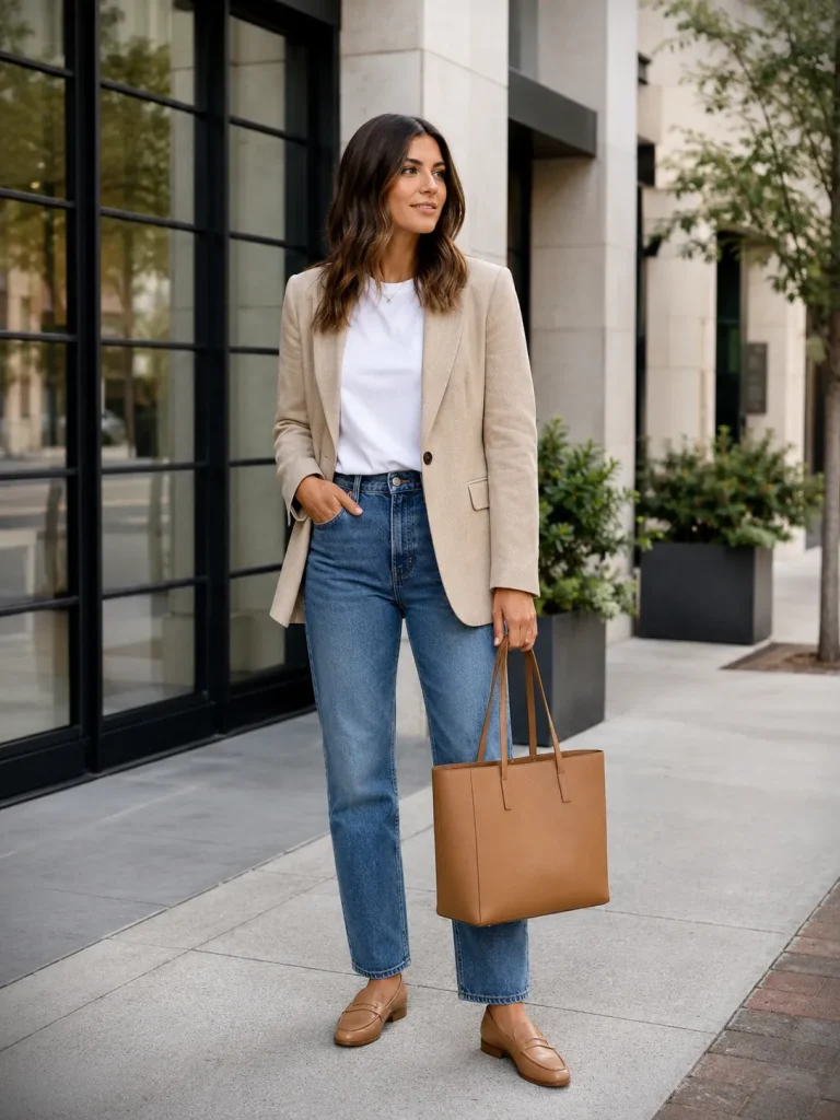  Woman wearing a blazer, white tee, jeans, loafers, and structured tote bag for a practical everyday capsule outfit.