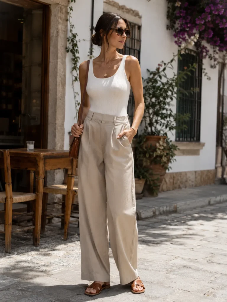 Woman wearing a fitted tank top with wide-leg trousers, flat sandals, and a small shoulder bag for a summer capsule outfit.
