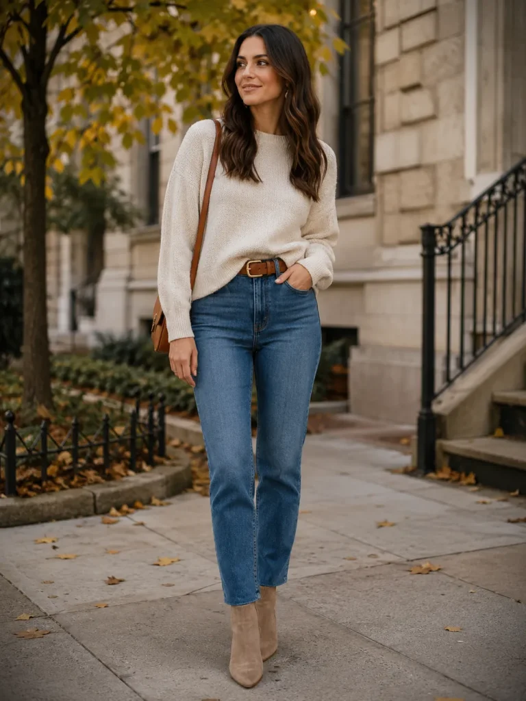  Woman wearing a lightweight knit sweater with straight-leg jeans, ankle boots, and a belt for a simple fall capsule outfit.