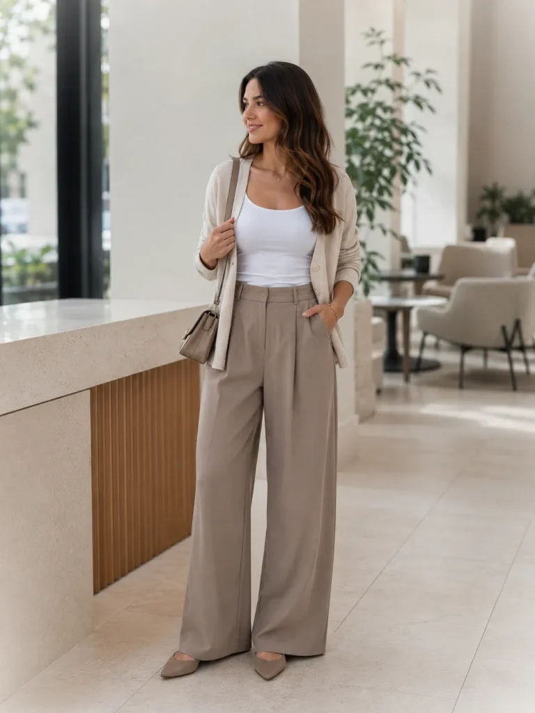 Woman wearing wide-leg trousers with a fitted tank, cardigan, pointed flats, and shoulder bag for a polished capsule outfit.

