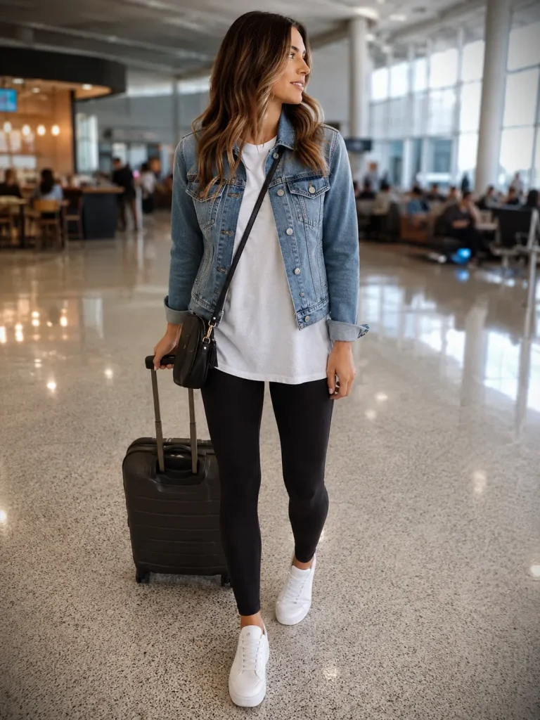  Woman wearing black leggings with a long white tee, denim jacket, white sneakers, and crossbody bag for a casual capsule outfit.