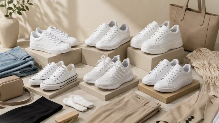 6 pairs of white sneakers arranged on low neutral display Best White Sneakers for Women.