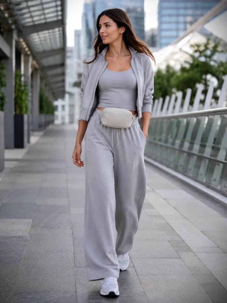 Woman wearing wide-leg joggers, fitted tank, cropped zip jacket, belt bag, and white mesh sneakers.