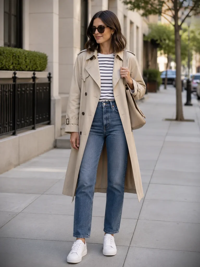 Woman wearing straight-leg jeans, striped tee, trench coat, shoulder bag, and white leather sneakers.