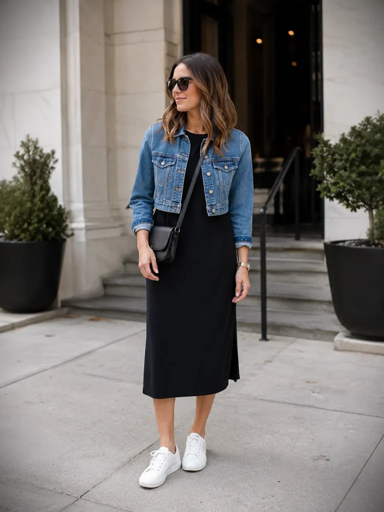 Woman wearing a black midi dress, denim jacket, crossbody bag, and sleek white sneakers.