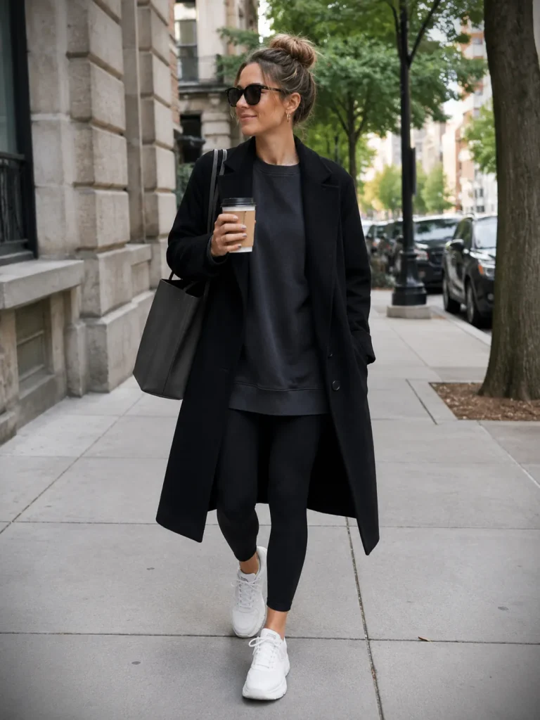 Woman wearing black leggings, long sweatshirt, wool coat, tote bag, and chunky white sneakers.