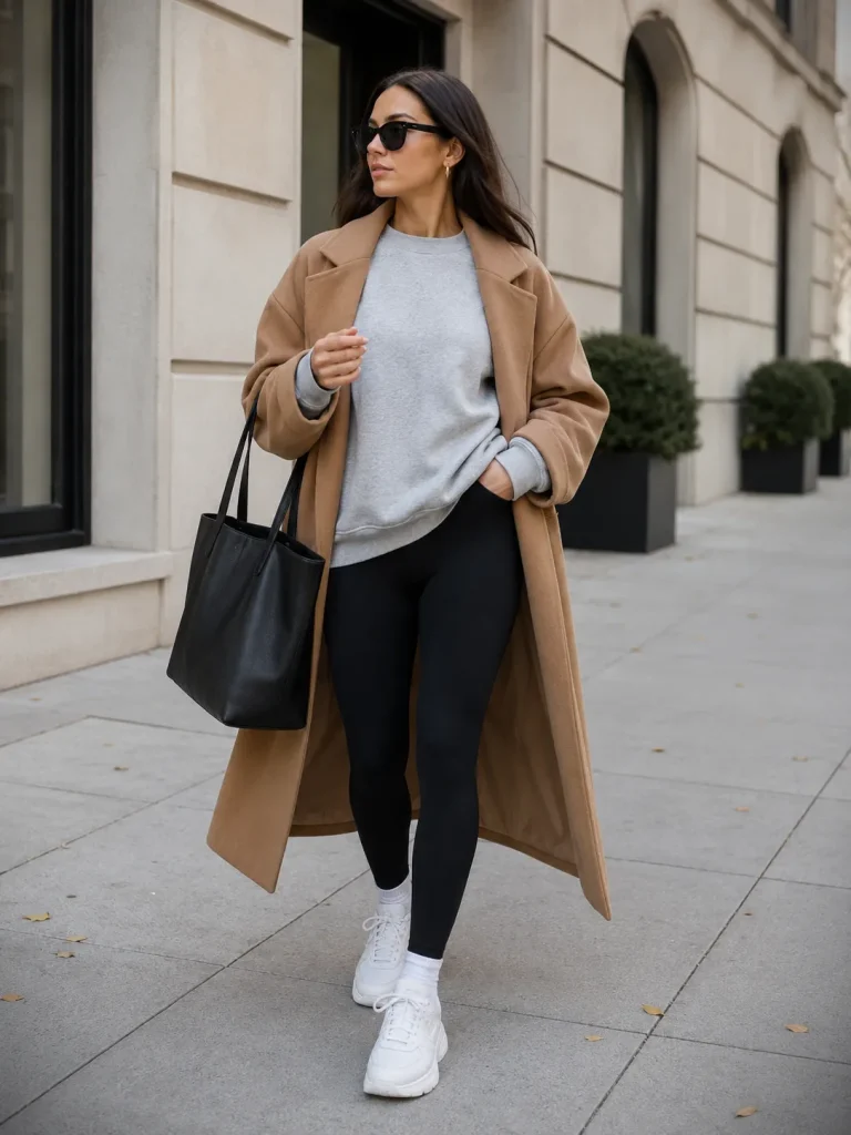 Woman wearing black leggings, oversized sweatshirt, camel coat, tote bag, and chunky white sneakers.