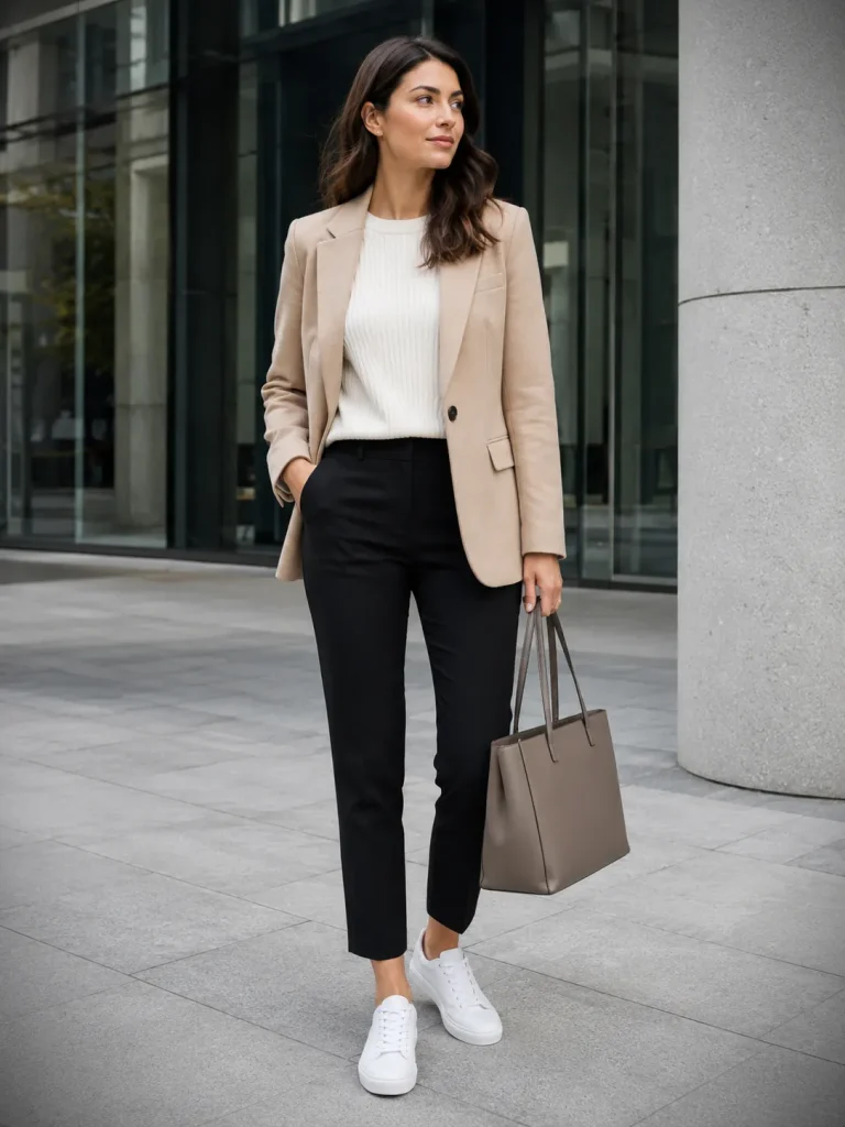 Woman wearing black ankle trousers, cream knit top, beige blazer, work tote, and white leather sneakers.