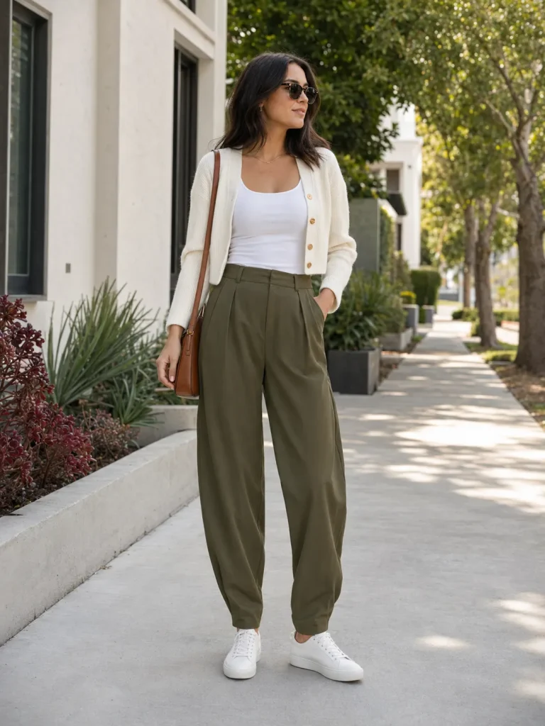 Woman styling olive balloon trousers with a fitted white tank, cropped cardigan, slim sneakers, and structured shoulder bag.