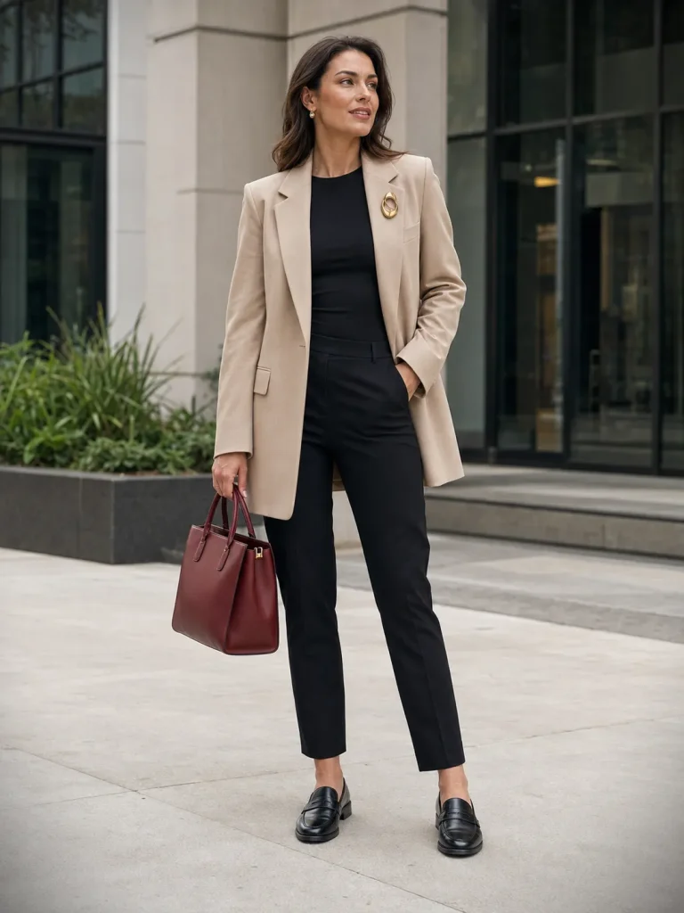 Woman wearing a gold-tone brooch on a beige blazer with black ankle pants, loafers, and a deep-red handbag.