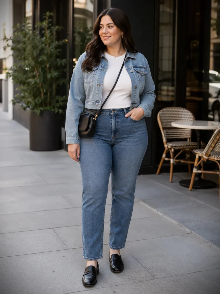 Woman wearing a fitted ribbed tee, straight-leg jeans, cropped jacket, loafers, and crossbody bag for fuller hips or thighs.