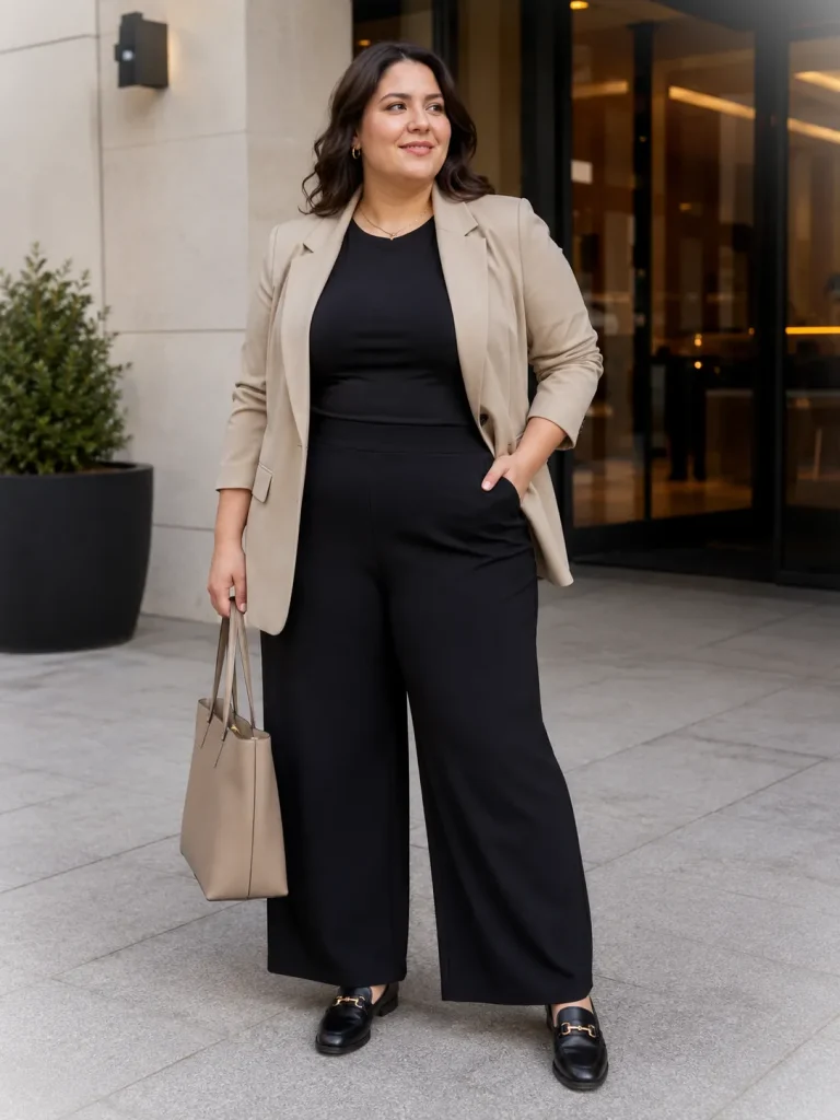 Plus-size woman wearing a longline blazer, fitted tee, wide-leg pull-on pants, loafers, and structured tote.