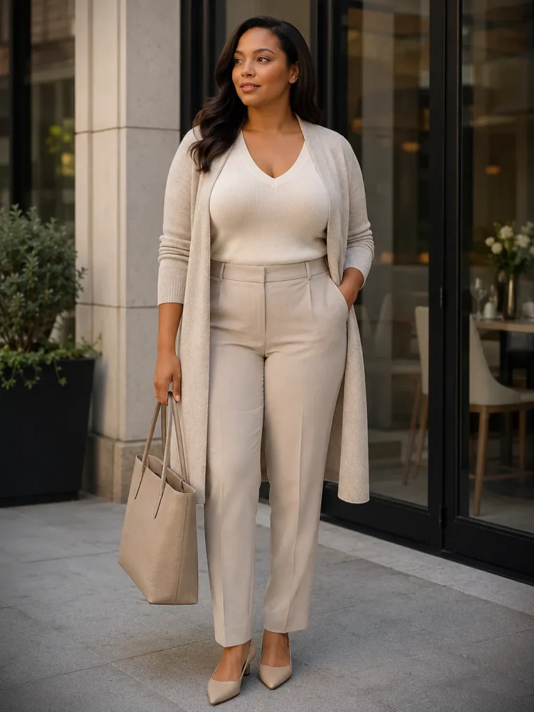 Woman wearing a V-neck knit top, high-rise trousers, longline cardigan, pointed flats, and structured tote for fuller bust styling.