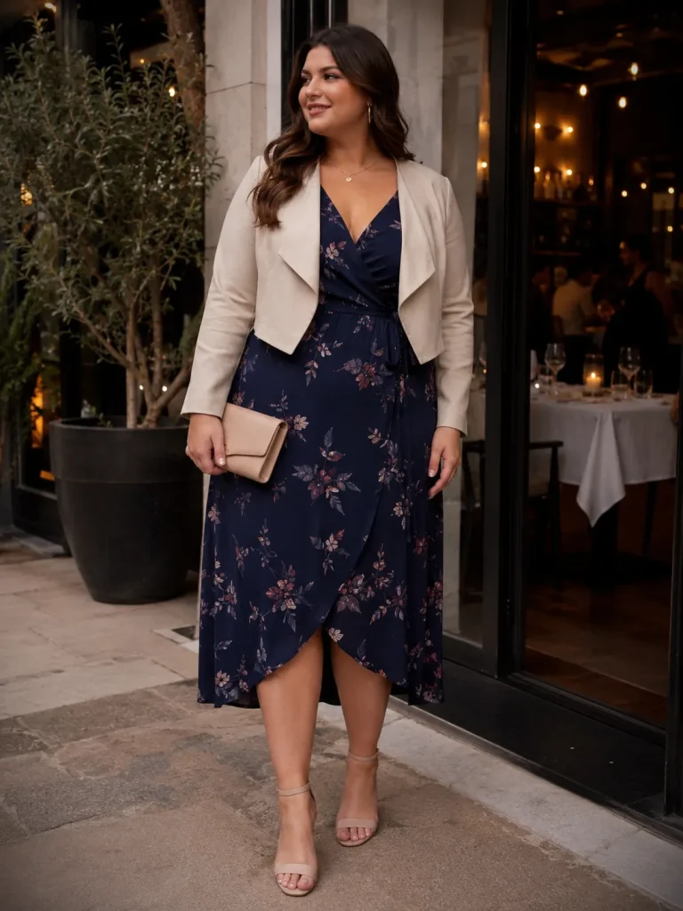 Woman wearing a wrap-style midi dress, cropped jacket, block heels, and clutch for curves through the bust, waist, and hips.