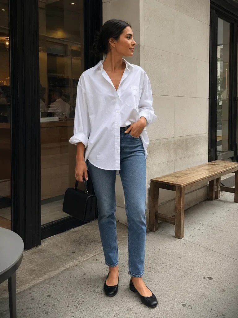 Woman wearing an oversized button-down shirt, slim straight jeans, ballet flats, and structured mini bag.