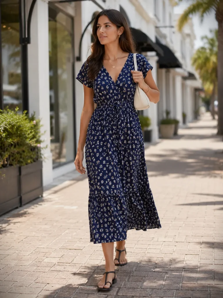 Woman wearing a navy printed midi dress with slim black T-strap sandals and a cream shoulder bag.