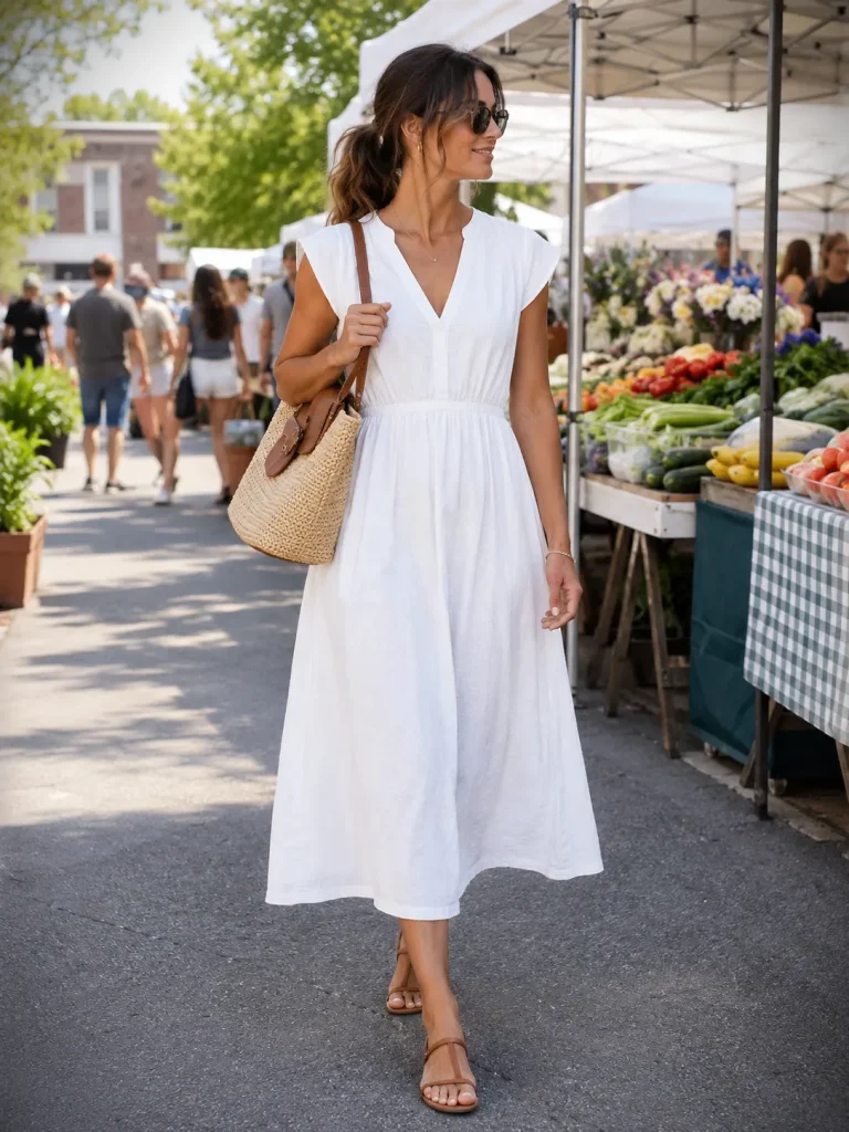 Woman carrying a structured raffia bag with a white cotton midi dress and tan flat sandals