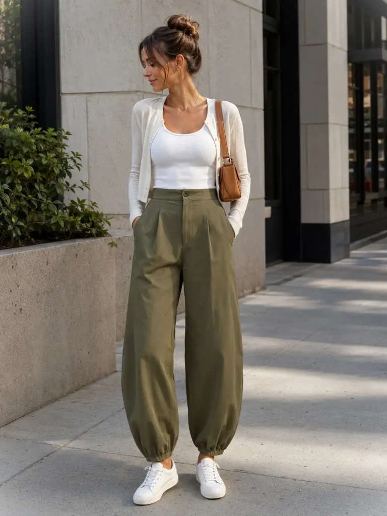 Woman styling olive balloon trousers with a fitted white tank, cropped cardigan, sneakers, and tan shoulder bag.