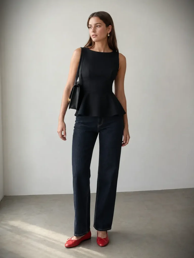 Woman wearing a modern black peplum top with straight-leg jeans, red ballet flats, and a structured bag.