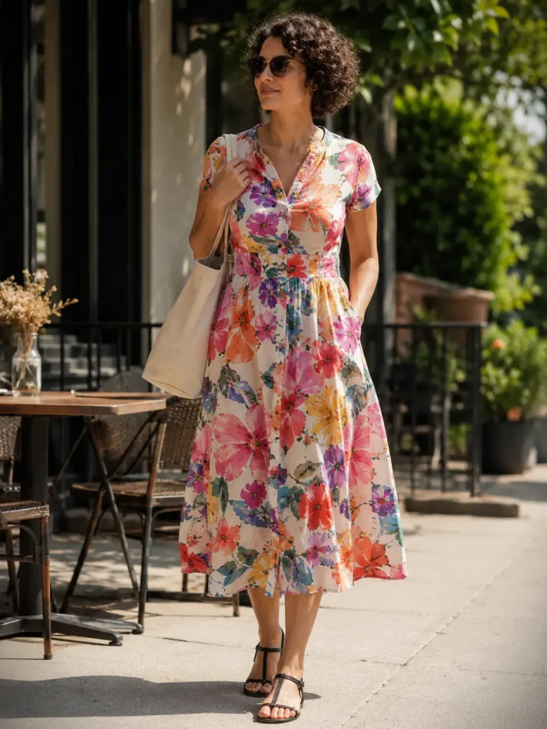 Woman wearing a colorful floral cotton midi dress with T-strap sandals and a cream canvas tote.