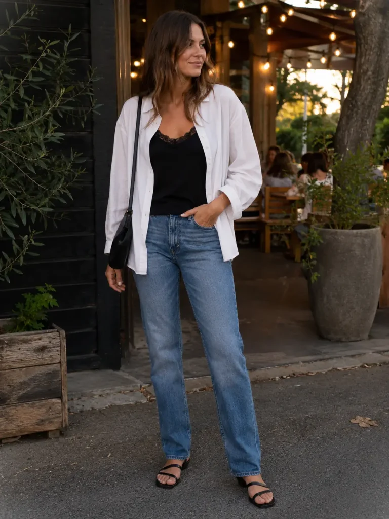 Woman styling a black lace-trim camisole with an open white shirt, straight jeans, and flat sandals.
