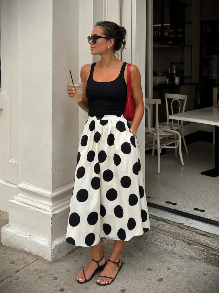 Woman wearing a black-and-white polka-dot midi skirt with a black tank, flat sandals, and red shoulder bag.