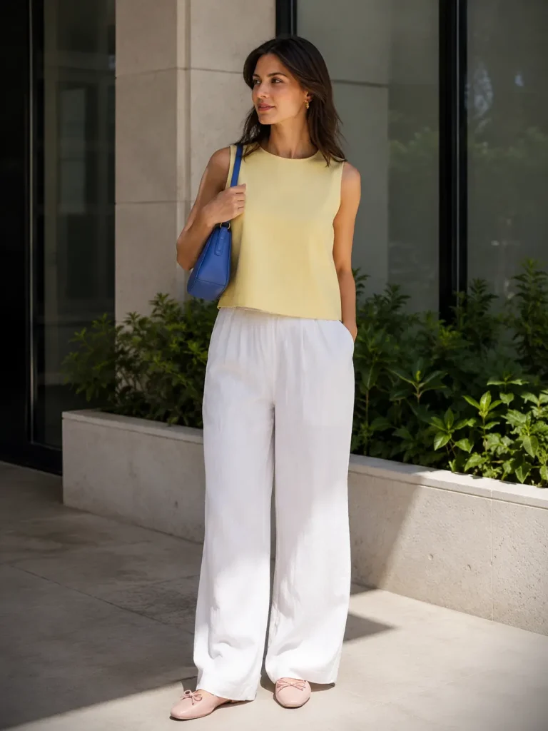 Woman wearing white linen trousers, a butter-yellow top, pink flats, and a cobalt blue shoulder bag.