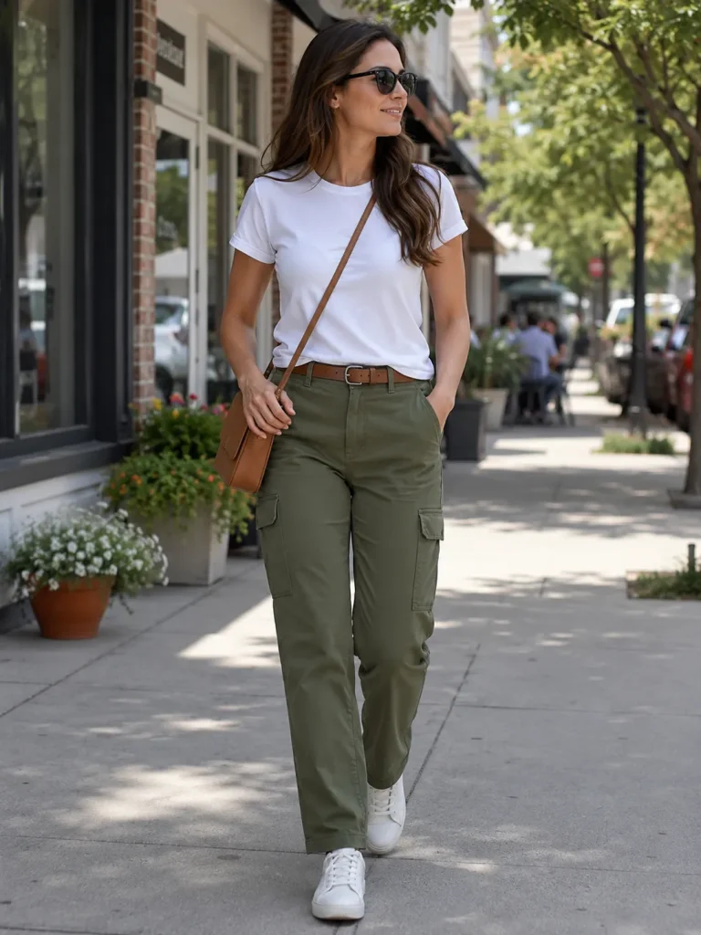 Woman wearing olive straight-leg cargo pants, a fitted white T-shirt, white sneakers, a slim belt, and a tan crossbody bag.