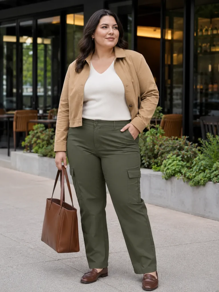 Plus-size woman wearing dark olive cargo pants, a cream V-neck knit top, cropped tan jacket, loafers, and a structured tote.