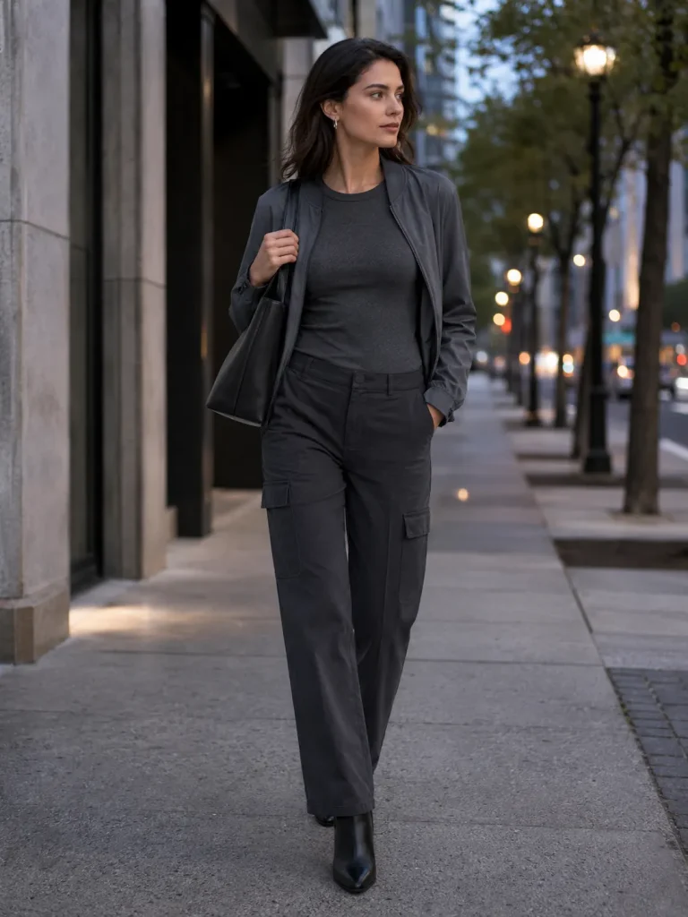 Woman wearing a monochrome charcoal cargo pants outfit with a fitted top, lightweight jacket, black boots, and a black bag.
