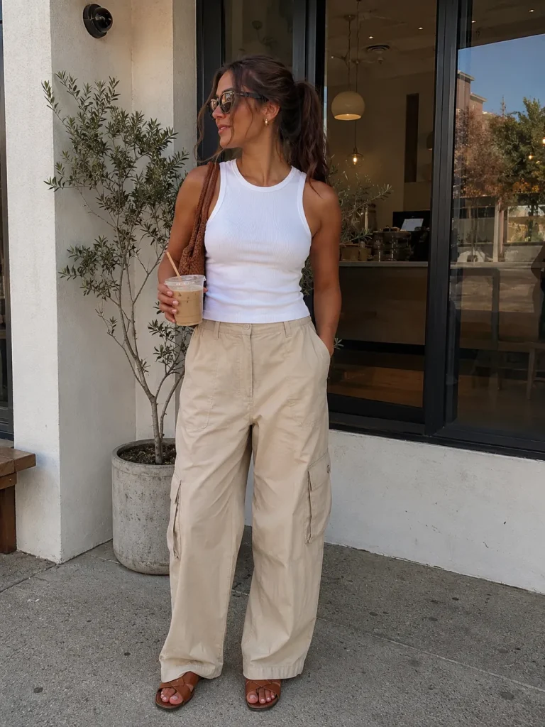 Woman wearing beige baggy cargo pants with a fitted white ribbed tank, flat sandals, and a small shoulder bag.