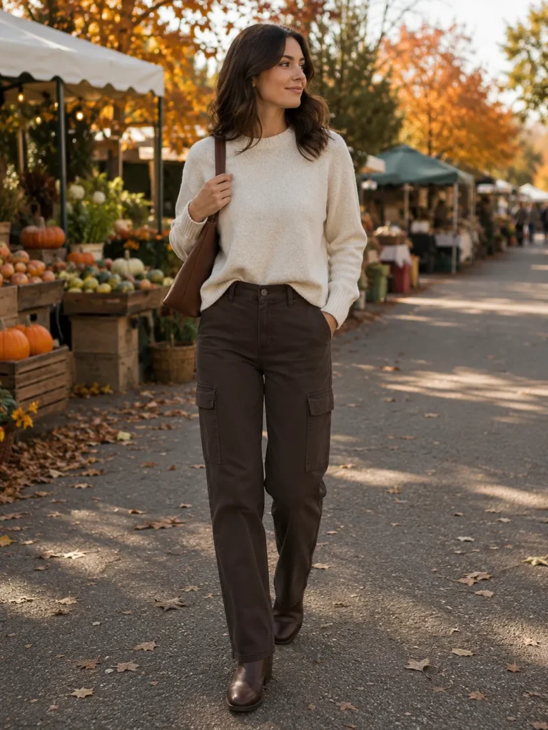 Woman wearing brown cargo pants with a cream crewneck sweater, ankle boots, and a simple leather shoulder bag.