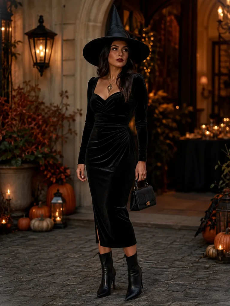 Woman wearing a black velvet midi dress, structured witch hat, ankle boots, and gold pendant necklace for Women’s Classy Halloween Costumes.