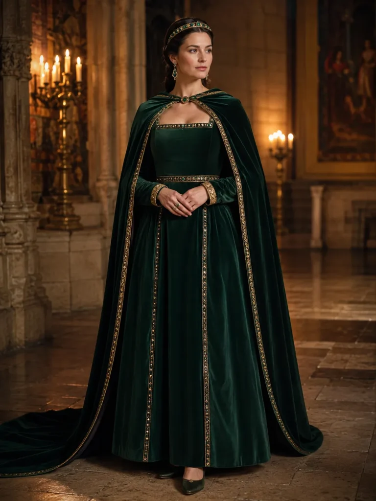 Woman wearing a forest-green square-neck gown, velvet cape, jeweled headband, and drop earrings as a Renaissance queen.